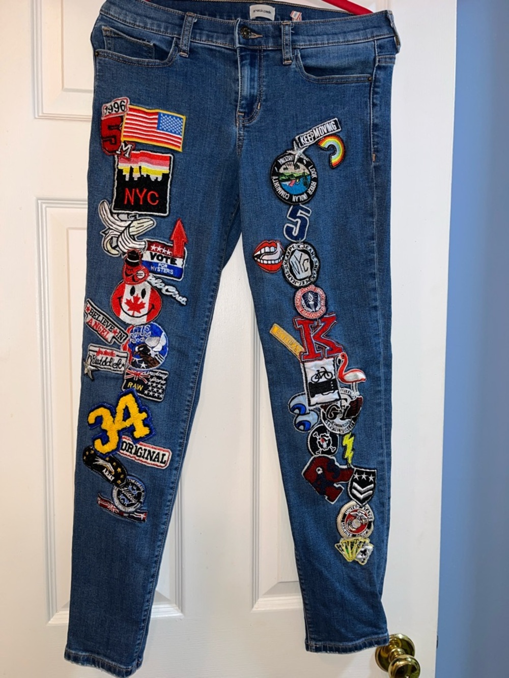 Sneakpeek Juniors Boyfriend Jeans with Multicolor Patchwork on Blue Denim